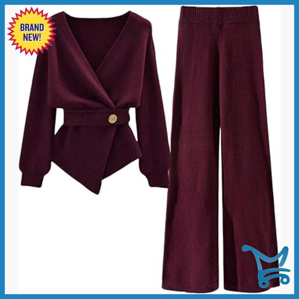 Long Sleeve Knit Wrap Cardigan and Wide Leg Pants Set, Regular Fit